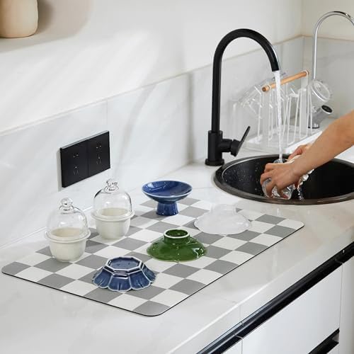 Ohocut Checkered Dish Drying Mat for Kitchen Counter, Coffee Bar Station Accessories, Retro Cute Aesthetic Modern Absorbent Drainer Mat Kitchen Drying Mat Easy Clean, Grey 12" x 19" - Image 2