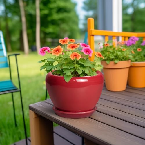 Ceramicfor 6 Inch Plant Pot - Glaze Modern Ceramic Planter for Indoor Plants, Succulent Pot with Drainage Hole and Saucer, Office Garden Home Decor, Housewarming Gift, Red - Image 4