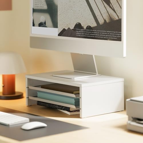 Fenge 14.3-Inch Monitor Stand with Slide-Out Trays, Wood & Metal Desk Shelf - Image 2