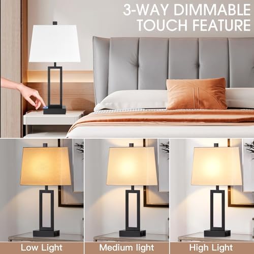 23.5" Touch Control Table Lamps Set of 2, Bedside Lamp with 2 USB Ports & AC Outlet, 3-Way Dimmable Nightstand Lamp with White Linen Shade for Living Room Bedroom End Table Office(2 LED Bulb Included) - Image 4