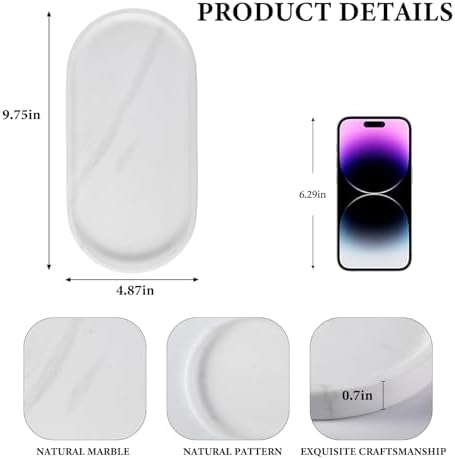 Koville White Marble Oval Tray for Bathroom Countertop, 10" x 5" Natural Marble Vanity Trays, Stone Perfume Organizer Tray for Decor, Jewelry Dish Perfume Trays for Dresser - Image 2