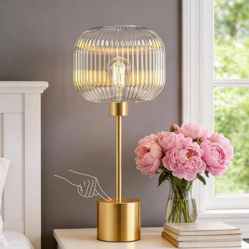 Glass Table Lamp for Living Room, Modern Gold Clear Bedroom Bedside Lamp by Qimh