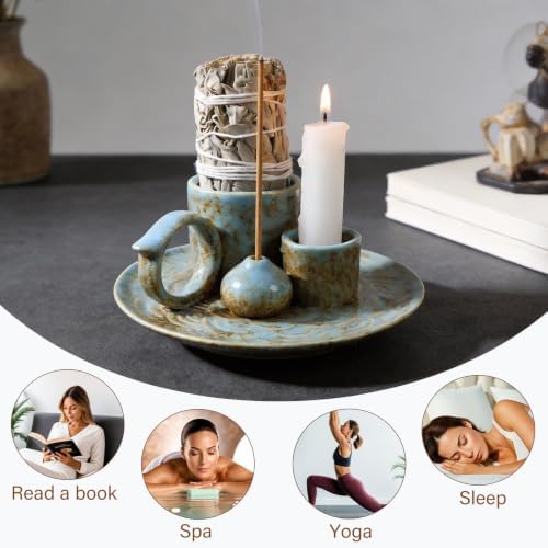 Tnstbiee 4-in-1 Blue Ceramic Palo Santo Burner, Small Smudge Tray Bowl - Image 4