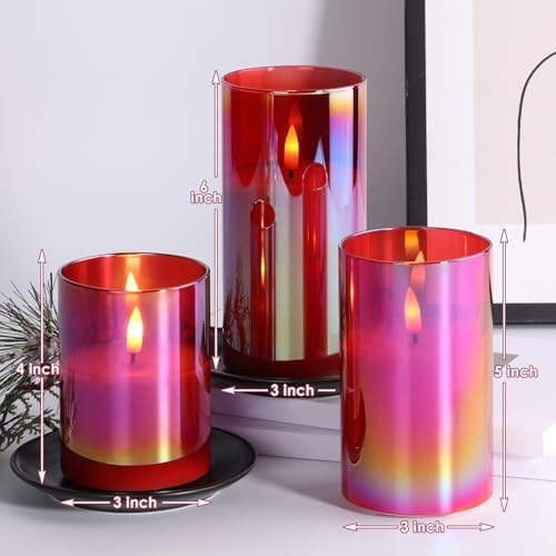 Eywamage Red Glass Flameless Pillar Candles with Remote, Flickering Christmas Battery LED Candles Holiday Decor Set of 3 - Image 2