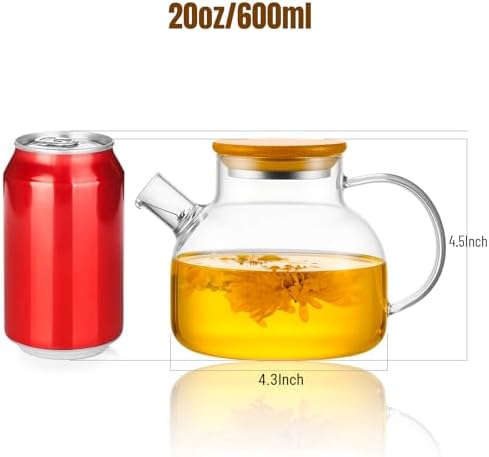 PARACITY Glass Teapot Stovetop 20 OZ/600ml, Borosilicate Clear Tea Kettle with Bamboo Lid, Glass Tea pot with Removable Filter Spout, Teapot Blooming and Loose Leaf Tea Maker Tea Brewer for Camping - Image 2
