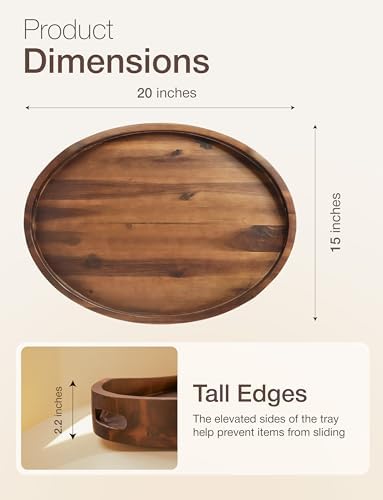 TIDITA Acacia Oval Wooden Serving Tray with Handle, 20"x15", Walnut Color - Image 2