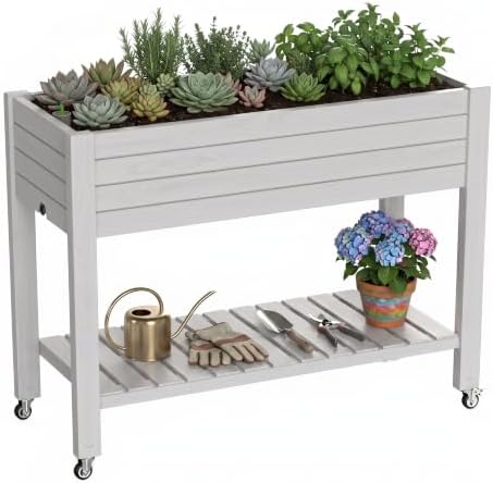 Elevated Resin Raised Garden Bed, 33.7in Height Raised Planter Box with Drainage Holes, Lockable Rotating Wheels & Bottom Storage Shelf, Stake Support, Easy Assembly for Patio Lawn Backyard Balcony by GYMHILL