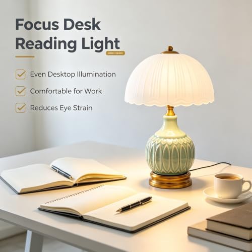 Vintage Ceramic Table Lamp, Green Nightstand Lamp with Pleated Glass Shade, Decorative Desk Lamp for Bedroom Living Room Dining Room - Image 3