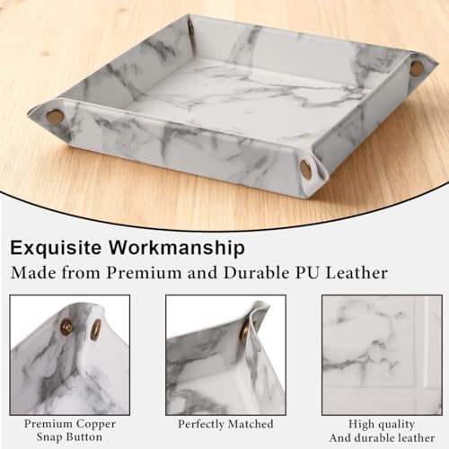 Valet Tray Desktop Storage Organizer – Premium PU Leather Catchall Bedside Vanity Tray Nightstand Caddy Holder for Remote Controller, Keys, Phone, Wallet, Coin, Jewelry,Marble White - Image 4
