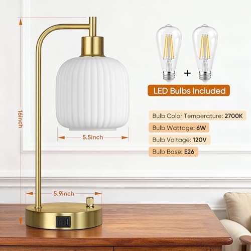 Cream Glass Table Lamps Set of 2, Dimmable Bedside Lamps for Living Room - Image 3
