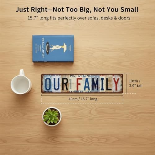 family wall decor Metal Tin Sign - Vintage Style Wall Art for Living Room 4x16 Inch, Farmhouse Kitchen Decor, Our Family Retro Metal Tin Sign Housewarming Gift - Image 5