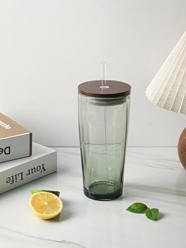 NIRA.Z Glass Tumbler with Lid and Straw 20oz, Ribbed Aesthetic Glass Cup for Iced Coffee, Green Drinking Tumbler with Wooden Lid, Reusable Straw Cup - Image 2