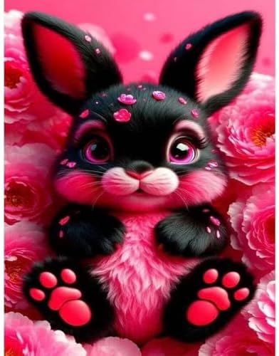 OJTOYART Black Rabbit Diamond Painting Kits for Adults, Pink Flowers 5D Diamond Art Kits for Beginner,DIY Round Full Drill Diamond Dots Craft Kits for Home Wall Decor 12 x 16 ihch by Unknown