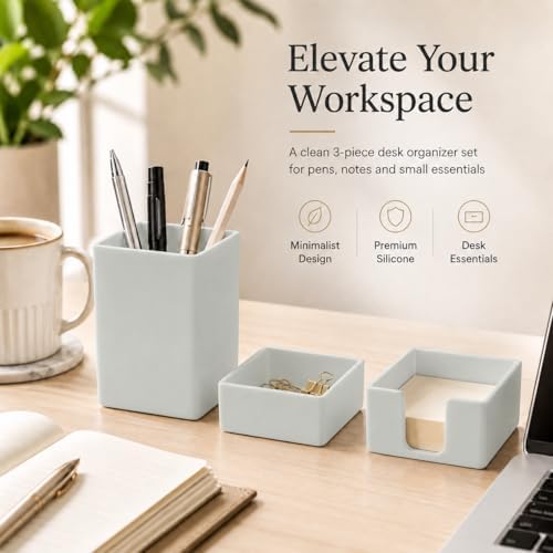 minimaliving Aesthetic Silicone Desk Organizer Set of 3,Modern Office Desk Accessories with Pen Holder,Paperclip Tray,Sticky Note Holder,Stylish Functional Office Desk Decor for Back-to-school(Grey) - Image 2