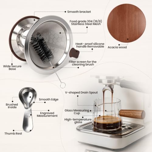 6oz Pour Over Coffee Maker Reusable Pour Over Coffee Dripper Set Glass Coffee Maker Espresso Cup Set Scoop Wood Coasters Cleaning Brush Cleaning Cloth - Image 3