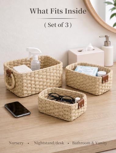 Small Wicker Baskets, 3 PCS Paper Rope Baskets for Shelves, Beige - Image 3