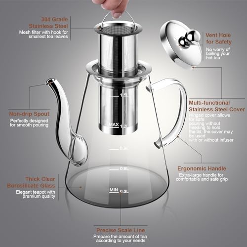 1500ml Glass Teapot, Large Tea Pot with Infuser for Loose Tea and Blooming Tea, Stovetop Safe Tea Kettle, Hand Crafted Borosilicate Glass Tea Maker with Scale Line, Tea Gift Set for Tea Lovers - Image 3