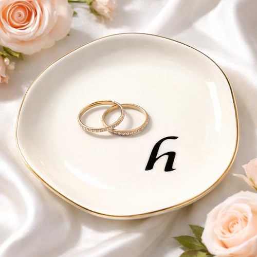 Initial Ring Dish - White Ceramic Jewelry Tray for Nightstand & Sink, Anti-Loss Trinket Organizer, Meaningful Engagement or Birthday Gift for Women, Sister, Friends (Letter H) by Unknown