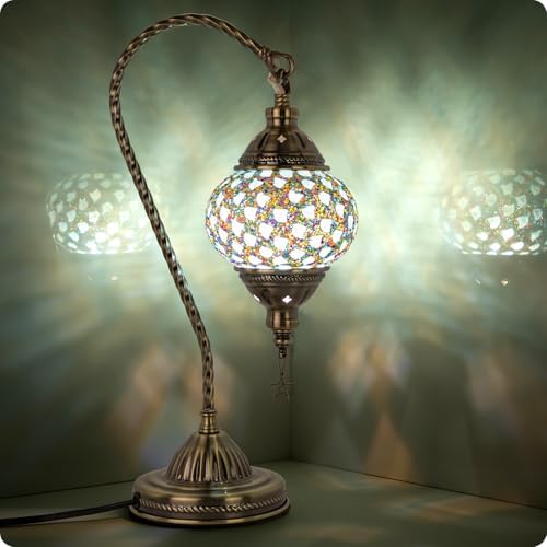 Yarra-Decor Turkish Moroccan Lamp with Bronze Base 3 Color Options Handmade Swan Neck Mosaic Glass Bedside Lamps for Bedroom (LED Bulb Included)(Colorful4) by Yarra-Decor