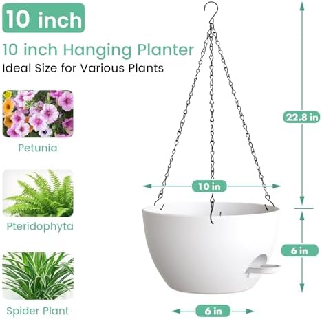 UOUZ Set of 3-10 Inch Self Watering Hanging Planters for Indoor Outdoor，Hanging Plant Pots with Drainage & Removable Tray, Hanging Pots for Pothos Plant, Spider Plants, Ferns, Balcony & Patio, White - Image 3