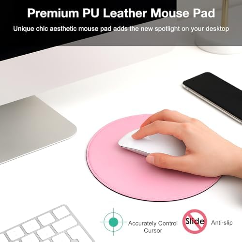 ProElife Round Mouse Pad, PU Leather Pink Desk Mat, Non-Slip Base, 8.66" - Image 2