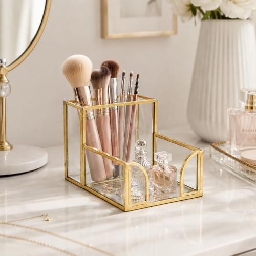 Feyarl Gold Glass Note Holder with Pen Pencil Cup 3x3 Inch Sticky Notes Desk Organizer Markers Pen Storage Desktop Accessory for Office Home Classroom - Image 5