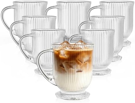 KEMORELA 16oz Ribbed Glass Coffee Mugs Set,Large Glass Mugs with Handle by KEMORELA