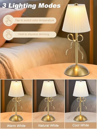 Cordless Table Lamp, Small Gold Bow Night Light, LED Rechargeable - Image 3
