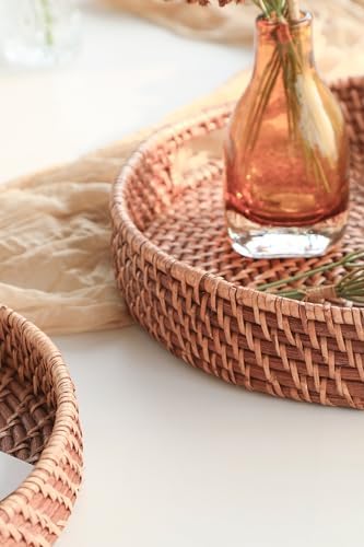 HITOMEN 14.2" Hand-Woven Round Rattan Serving Tray Decorative Ottoman Wicker Platter with Handles for Coffee Table, Breakfast, Drinks, Snack, Bread, Fruit, Vegetables (Honey Brown-L) - Image 4
