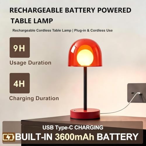 Cordless Table Lamp, Rechargeable Battery Operated Touch Control, Red - Image 5