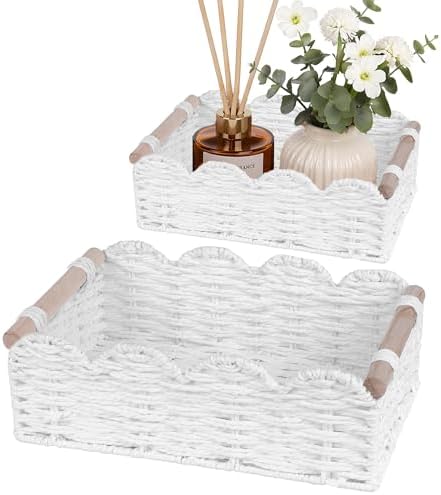 iEGrow Paper Rope Small Storage Baskets for Organizing, Set of 2 Scalloped Edge Wicker Basket with Wooden Handles Toilet Paper Basket for Over Toilet Storage Shelf, Home Decor, Living Room (White) by iEGrow