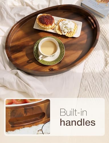 TIDITA Acacia Oval Wooden Serving Tray with Handle, 16.5"x13", Walnut Color - Image 3