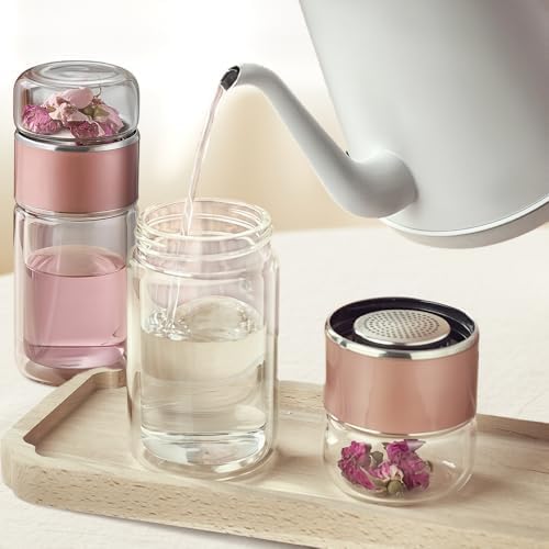 12oz/350ml Double Wall Glass Tea Infuser Bottle, Leakproof Travel Mug with 304 Stainless Steel Filter, Hot & Cold Drinks Tumbler for Loose Leaf Tea, Fruit Water, Home Office Travel (Rose Gold) - Image 7