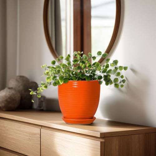 6 Inch Ceramic Plant Pots with Drainage Hole and Saucer, Orange - Image 3