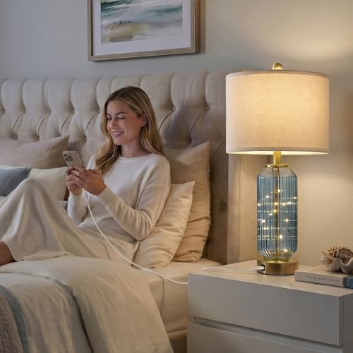 Oneach 24.5" Bedside Table Lamps Set of 2, Blue Coastal Nightstand Lamps with Night Light, USB A+C Charging Ports, Glass Lamps for Bedroom, Living Room, End Table (2 Bulbs Included) - Image 5
