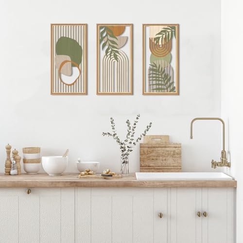IARTTOP Boho Mid-Century Modern Wood Wall Art 8x16 Inch Framed Green Bohemian Abstract Wooden Wall Decor Set of 3 Minimalist Geometric Leaf Artwork for Living Room Bedroom Office - Image 3