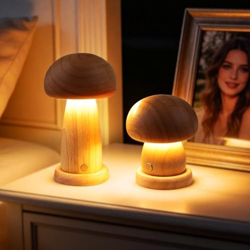 Cordless Wooden Mushroom Lamp, Rechargeable,LED Table Lamp by AVAMERY