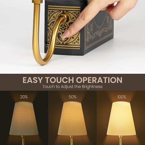 AELS Vintage Bookshelf Lamp with Bulb, Cordless Rechargeable Touch Dimmable Table Lamp with Linen Shade, Modern Bookend Lamp for Bedroom, Office & Bookshelf Decor, Tree of Life Black & Gold - Image 3