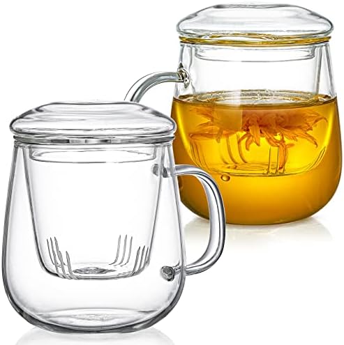 Tosnail 2 Pack 18 Ounce Large Glass Tea Cup with Lid and Tea Infuser Set, Tea Mugs with Strainer, Clear Teacups with Tea Filter, Glass Cups for Blooming Tea, Loose Tea Brewing by Tosnail