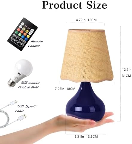 Cordless Table Lamp Rechargeable, Navy Blue Mini Bedroom Lamps for Bedside Nightstand, Rattan Shade Small Table Lamps for Small Spaces for Kitchen Counter, Bookshelf, Home Office, Living Room, Dorm - Image 2