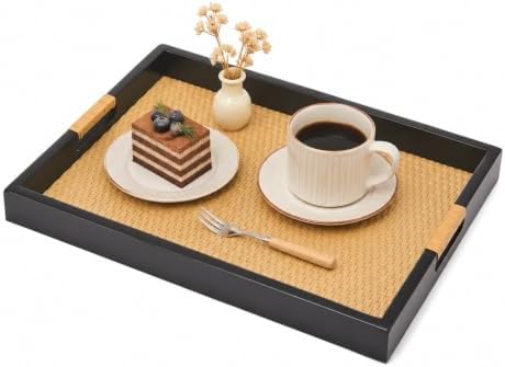Wood Ottoman Tray, Rectangle Coffee Table Tray, Rattan Serving Tray by HuiDao