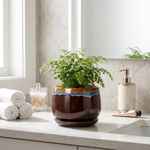 Ceramic Plant Pots - 6 Inch Planter with Drainage Hole and Saucer, Small Succulent Pot for Indoor Plants, Round Decorative Flower Pots, Garden Shelf Decor, Plant Gifts for Women, Brown-Blue - Image 7