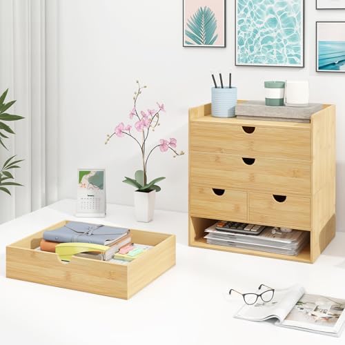 Bamboo Desk Drawer Organizer, Large Desktop Organizer with Drawers Tabletop Storage Organization Box for Office Home Toiletries Supplies Vanity, No Assembly Required (L-3 Drawers) - Image 6