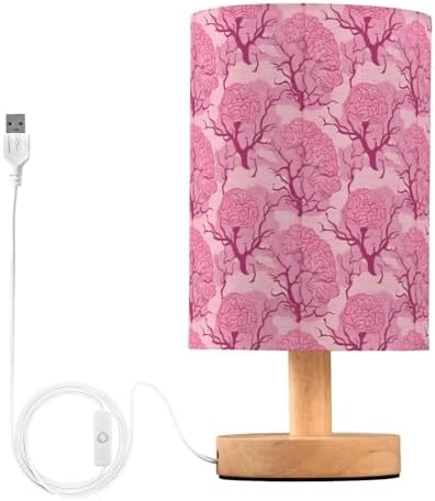 Pink Brain Trees Weird Patterned Bedside Table Lamps with USB Port for Bedroom Lamp Accent Table Lamp Small Nightstand Lamp Sturdy Linen Shade Wooden Base Decorative Lamps for Kids|Reading|Dorm|Home by Fustylead
