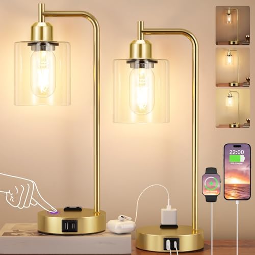 Innqoo Industrial Gold Table Lamp for Bedrooms Set of 2-3-Way Dimmable Desk Lamp with USB C+A Ports and Outlet, Gold Lamps with Clear Glass Shade for Living Room, Desk Lamps for Home Office - Image 2