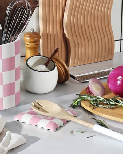 Ceramic Spoon Rest, Pink Checkered Spoon Rest for Stove Top, Large Spoon Holder, Spoon Rest for Kitchen Counter, Coffee Accessories for Housewarming& Coffee Station - Image 5