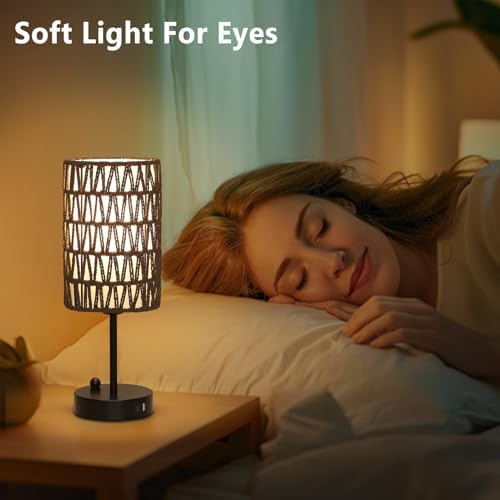 Gray Bedside Lamps Set of 2, Touch Control Night Stand Lamp for Bedroom with Rattan & Linen Shade & Bulbs, 3 Way Dimmable Small Boho Table Lamps with USB Charging Port & Phone Stand - Image 5