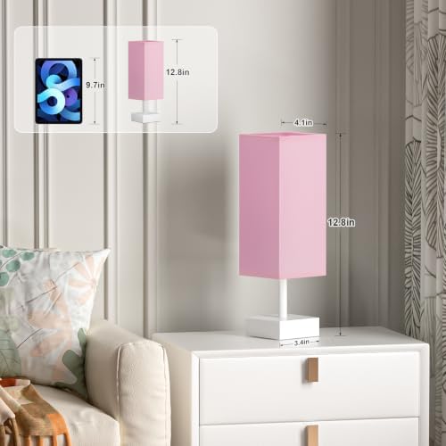 aooshine White Small Bedside Lamp for Bedroom - Square Pink Fabric Shade - Image 3