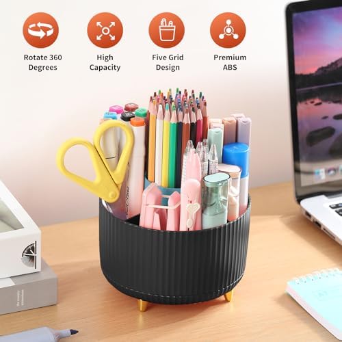 Desk Pencil Pen Holder, 5 Slots 360°Degree Rotating Pen Organizers for Desk, Desktop Storage Stationery Supplies Organizer, Cute Pencil Cup Pot for Office, School, Home, Art Supply, Black - Image 2