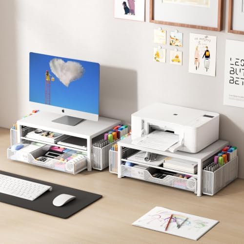 OPNICE Desk Organizers and Accessories, Computer Monitor Stand Riser with Drawer and 2 Pen Holders, Printer & Laptop Stand, Office Desk Accessories & Workspace Organizers for Home Office Supplies, Metal White - Image 7